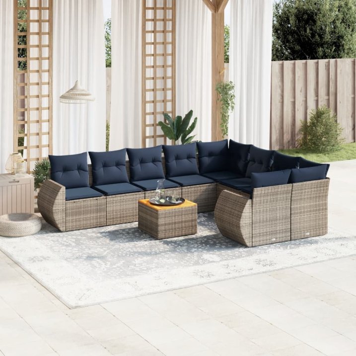 vidaXL 10 pcs conjunto sofás p/ jardim c/ almofadões vime PE cinzento