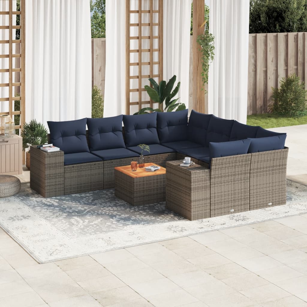 vidaXL 9 pcs conjunto sofás p/ jardim c/ almofadões vime PE cinzento