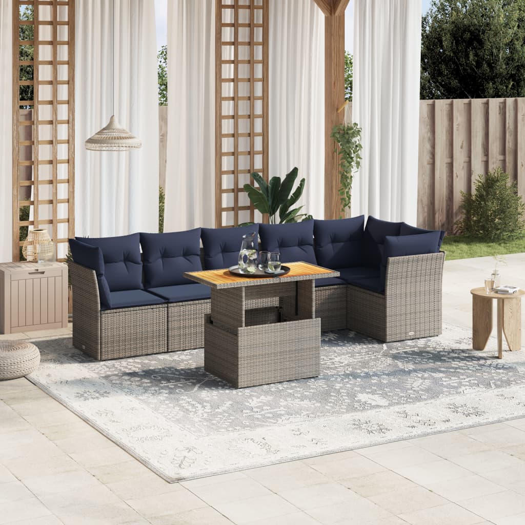 vidaXL 7 pcs conjunto sofás p/ jardim c/ almofadões vime PE cinzento