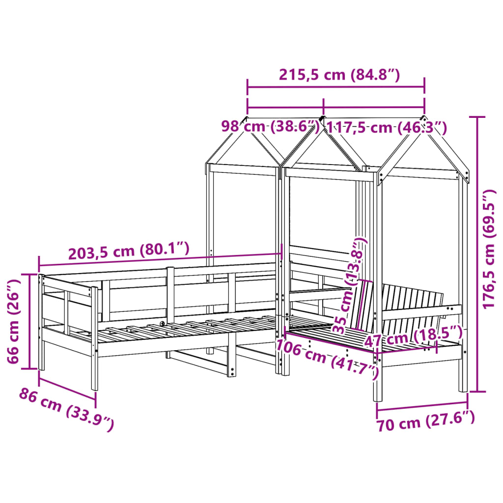 vidaXL Conj. sofá-cama e banco c/ telhado 80x200cm pinho maciço branco