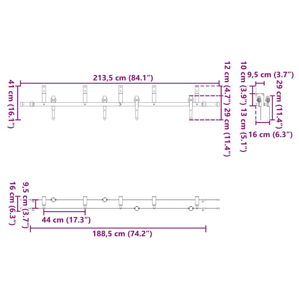 vidaXL Kit de ferragens para porta deslizante 213,5 cm aço preto