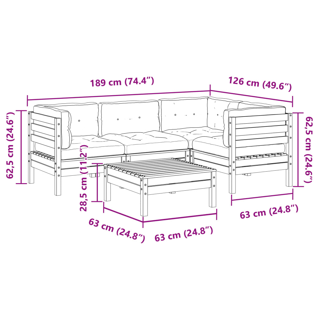 vidaXL 5pcs conj. sofás jardim + almofadões pinho maciço castanho-mel