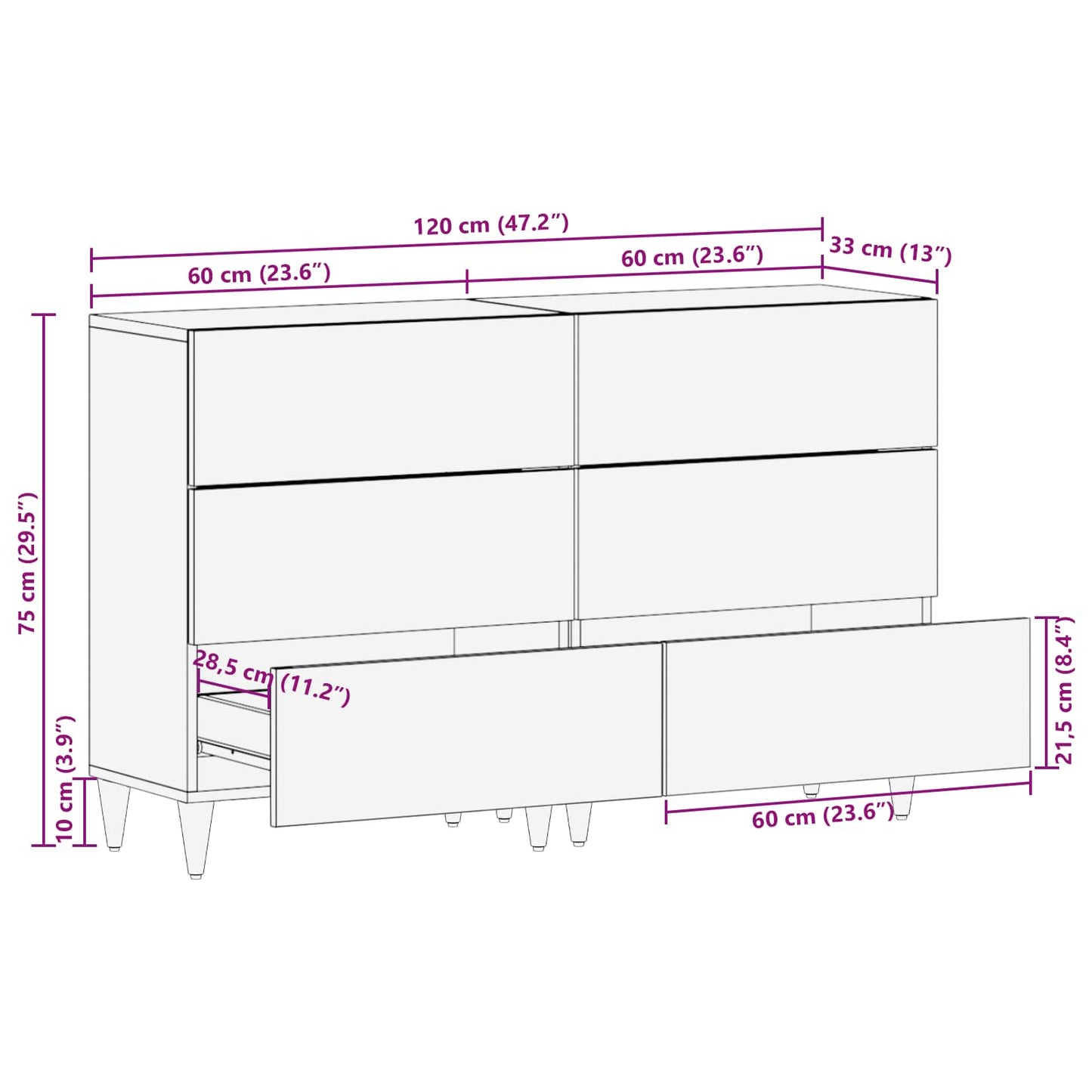 vidaXL Buffet 2 pcs Nogueira 60 x 33 x 75 cm Madeira de manga maciça