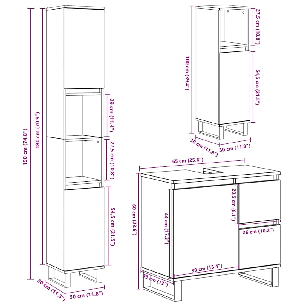 vidaXL 3 pcs conj. móveis casa banho derivados madeira cinza cimento