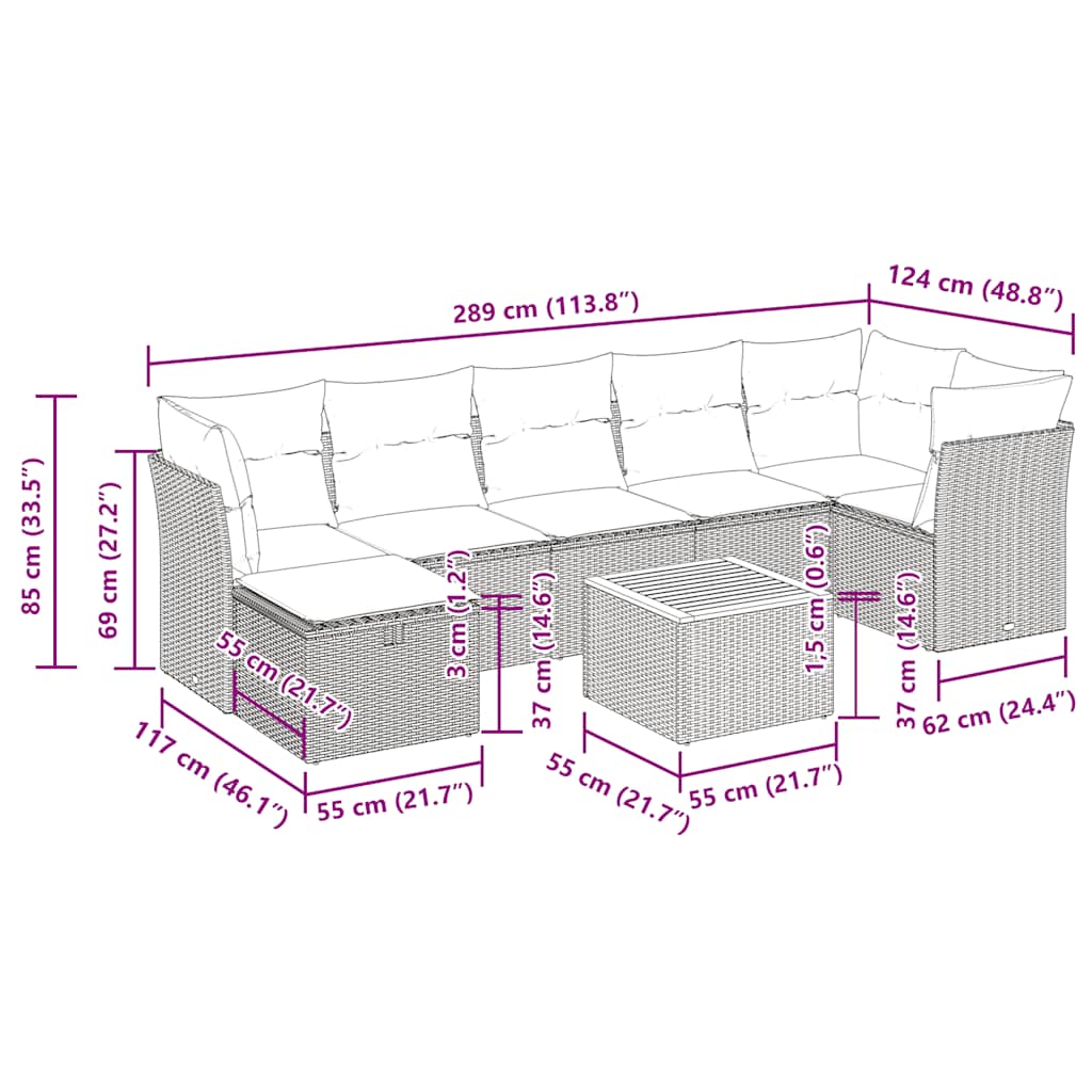 vidaXL 8 pcs conjunto sofás de jardim c/ almofadões vime PE cinzento