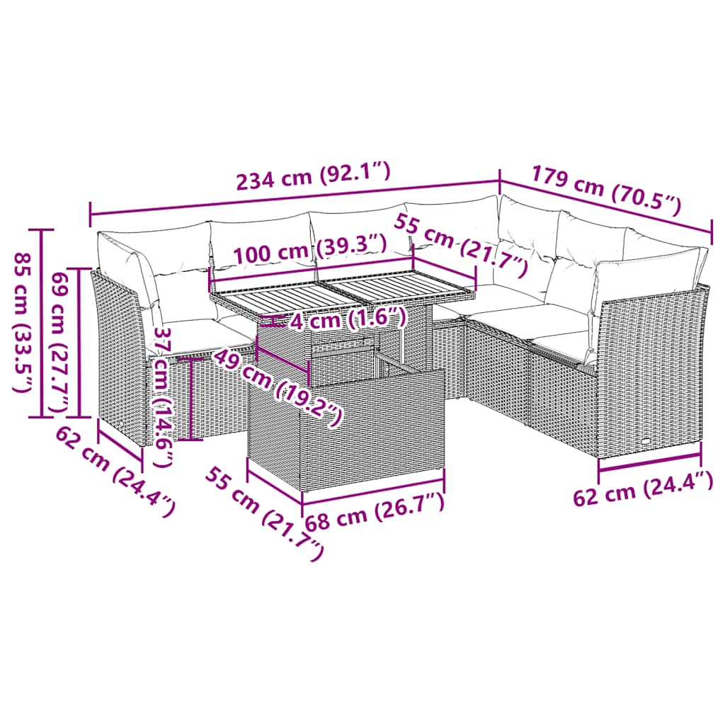 vidaXL 7 pcs conjunto sofás p/ jardim c/ almofadões vime PE cinzento
