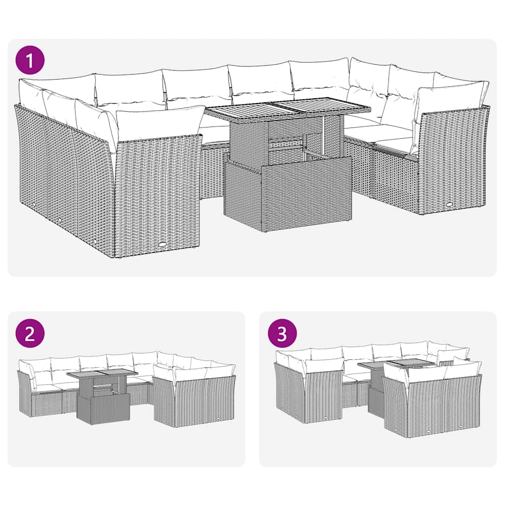 vidaXL 10 pcs conjunto sofás de jardim c/ almofadões vime PE cinzento