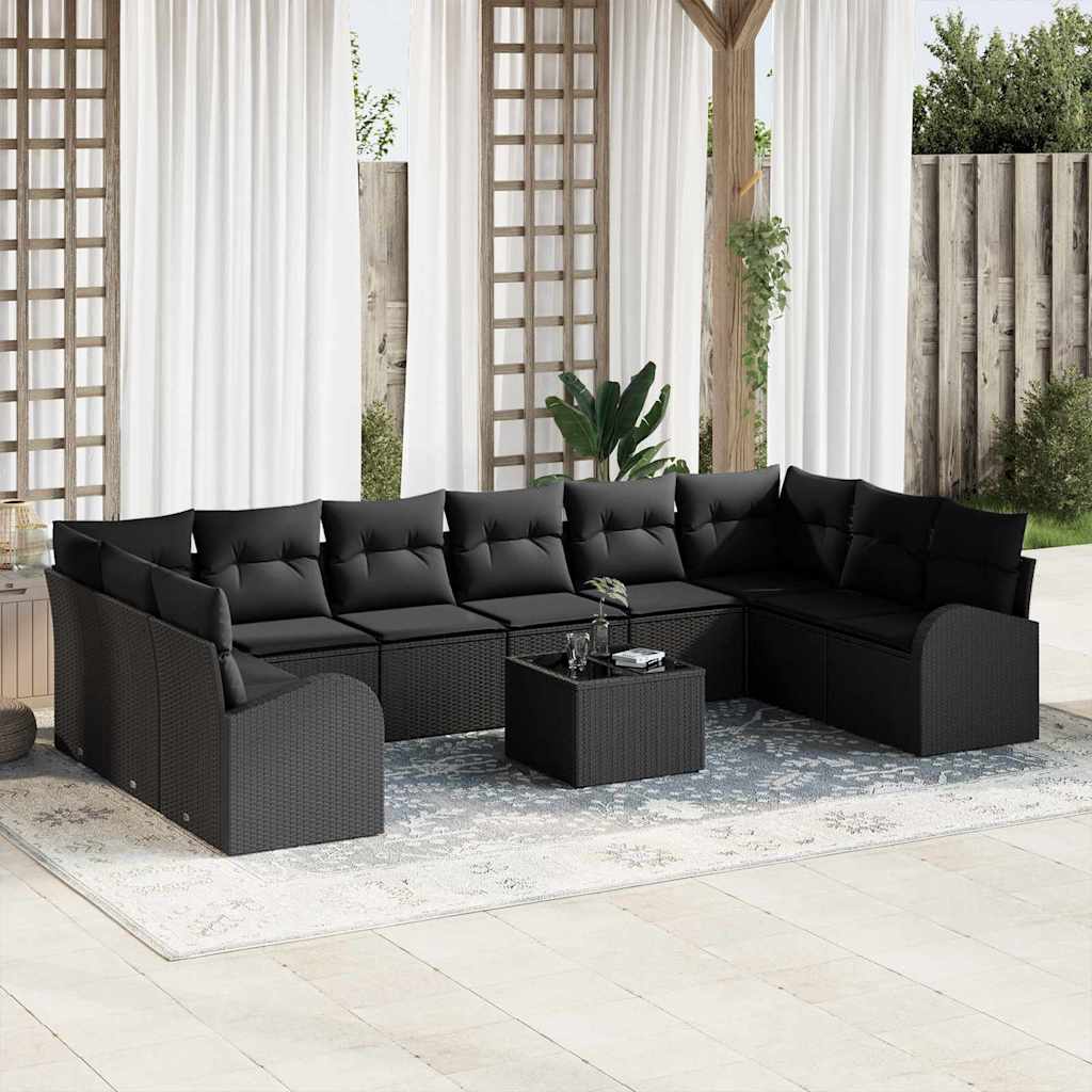 vidaXL Conjunto de Sofás com almofada 10 pcs Preto Polirattan