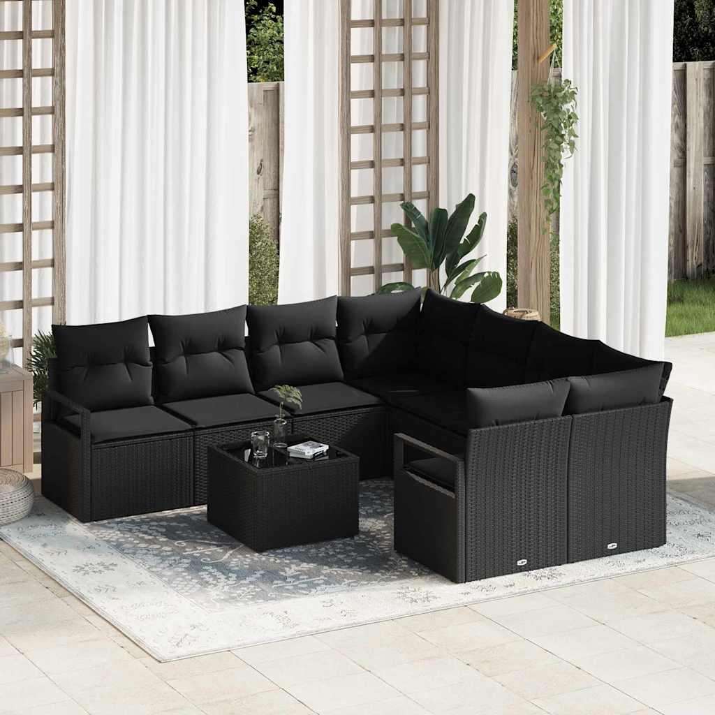 vidaXL Conjunto de Sofás com almofada 9 pcs Preto e Creme vime PE