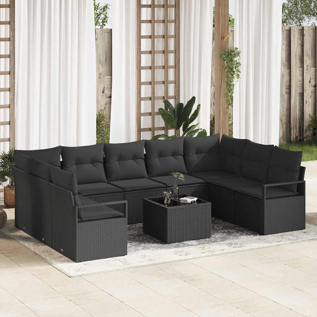 vidaXL Conjunto de Sofás com almofada 9 pcs Preto vime PE