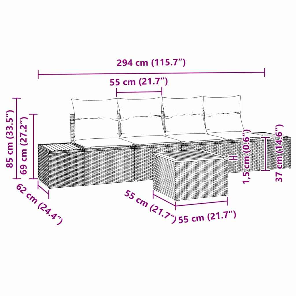 vidaXL Conjunto de Sofá de Jardim 5 pcs Preto Rattan Sintético