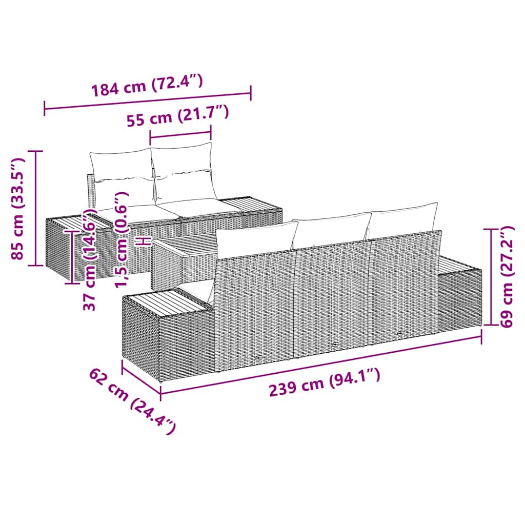 vidaXL Conjunto de Sofá de Jardim 6 pcs Preto Rattan Sintético
