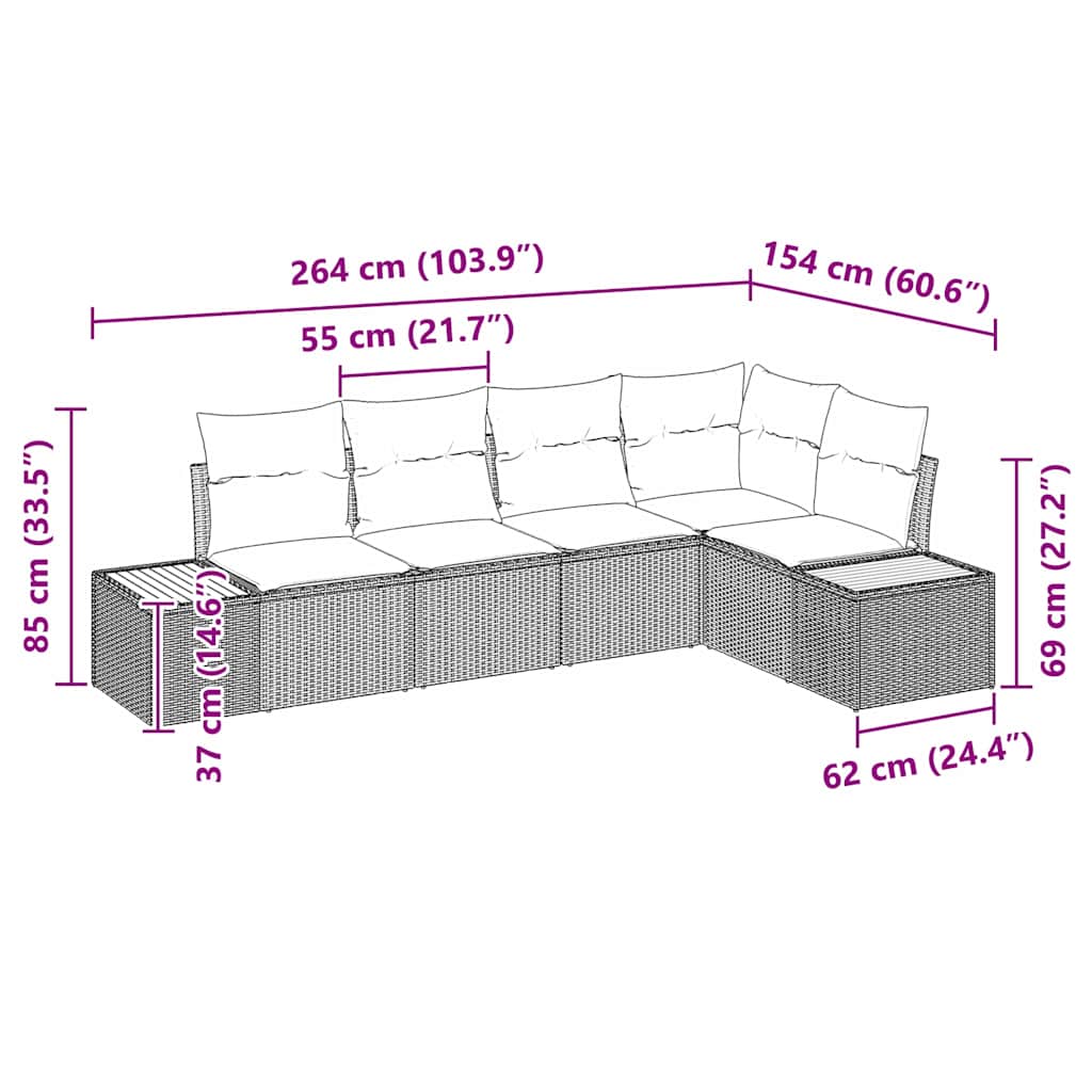 vidaXL Conjunto de Sofá de Jardim 5 pcs Preto Rattan Sintético