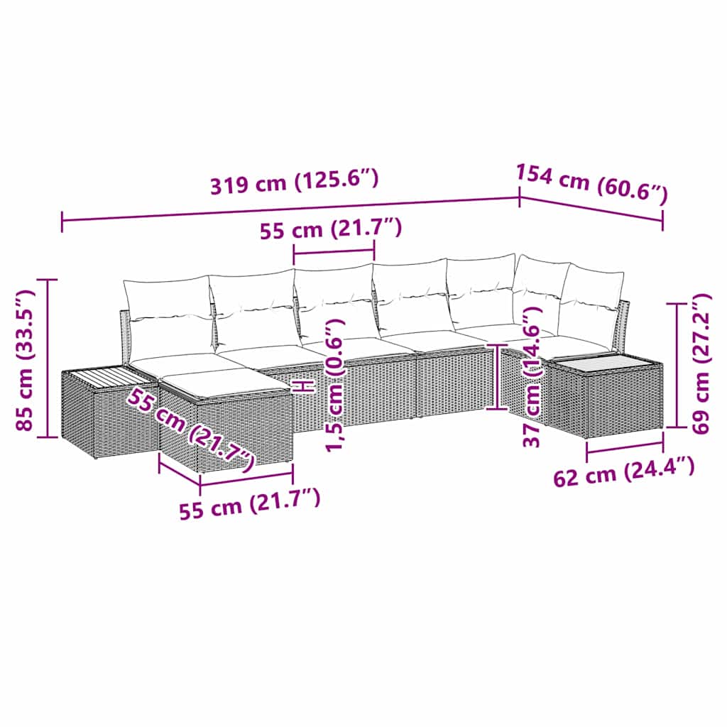vidaXL Conjunto de Sofá de Jardim com almofada 7 pcs Preto vime PE