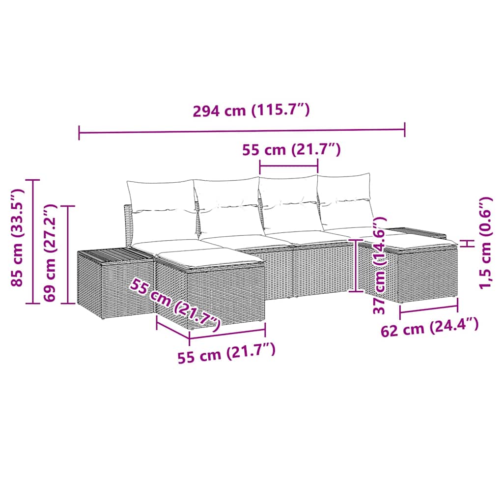 vidaXL Conjunto de Sofá de Jardim com almofada 6 pcs Preto vime PE