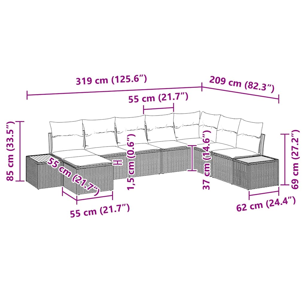 vidaXL Conjunto de Sofá de Jardim 8 pcs Preto Rattan Sintético