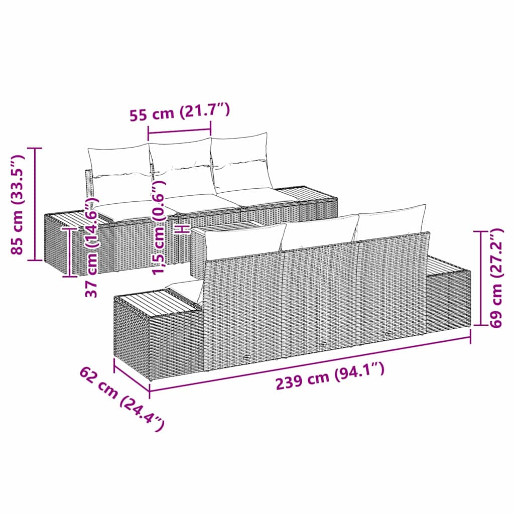 vidaXL Conjunto de Sofá de Jardim 7 pcs Preto Rattan Sintético