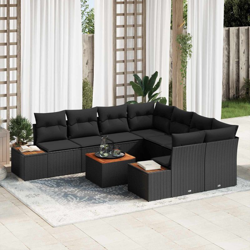 vidaXL Conjunto de Sofá de Jardim 9 pcs Preto Rattan Sintético