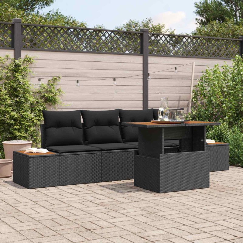 vidaXL Conjunto de Sofá de Jardim 5 pcs Preto Rattan Sintético