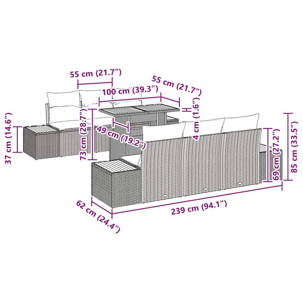vidaXL Conjunto de Sofá de Jardim 7 pcs Preto Rattan Sintético