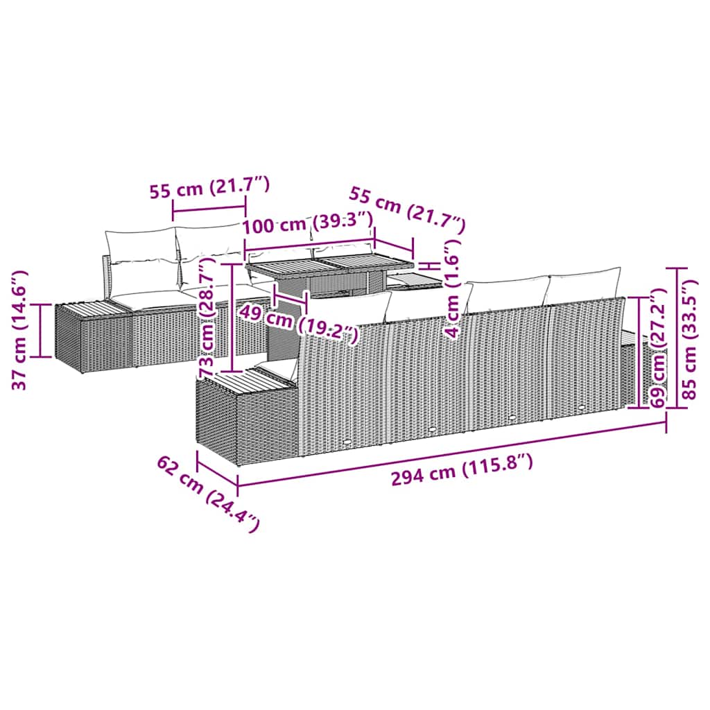 vidaXL Conjunto de Sofá de Jardim 9 pcs Preto Rattan Sintético