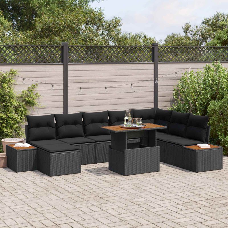 vidaXL Conjunto de Sofá de Jardim 9 pcs Preto Rattan Sintético
