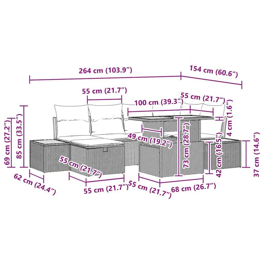 vidaXL Conjunto de Sofá de Jardim 7 pcs Preto Rattan Sintético