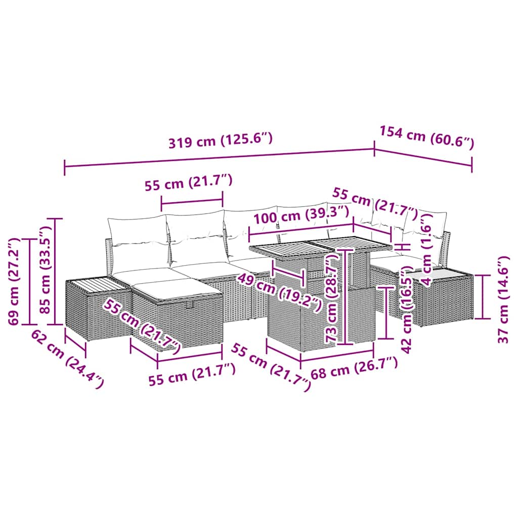 vidaXL Conjunto de Sofá de Jardim com almofada 8 pcs Preto vime PE