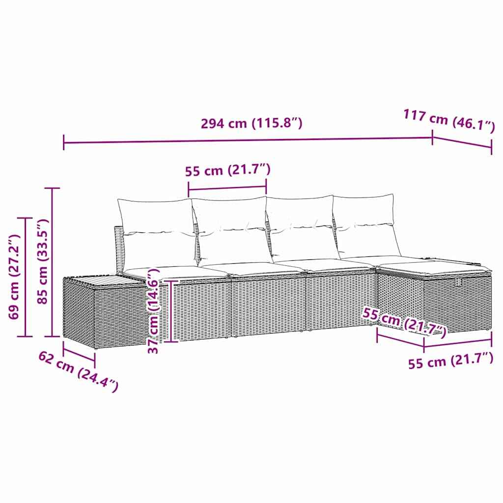 vidaXL Conjunto de Sofá de Jardim 5 pcs Preto Rattan Sintético