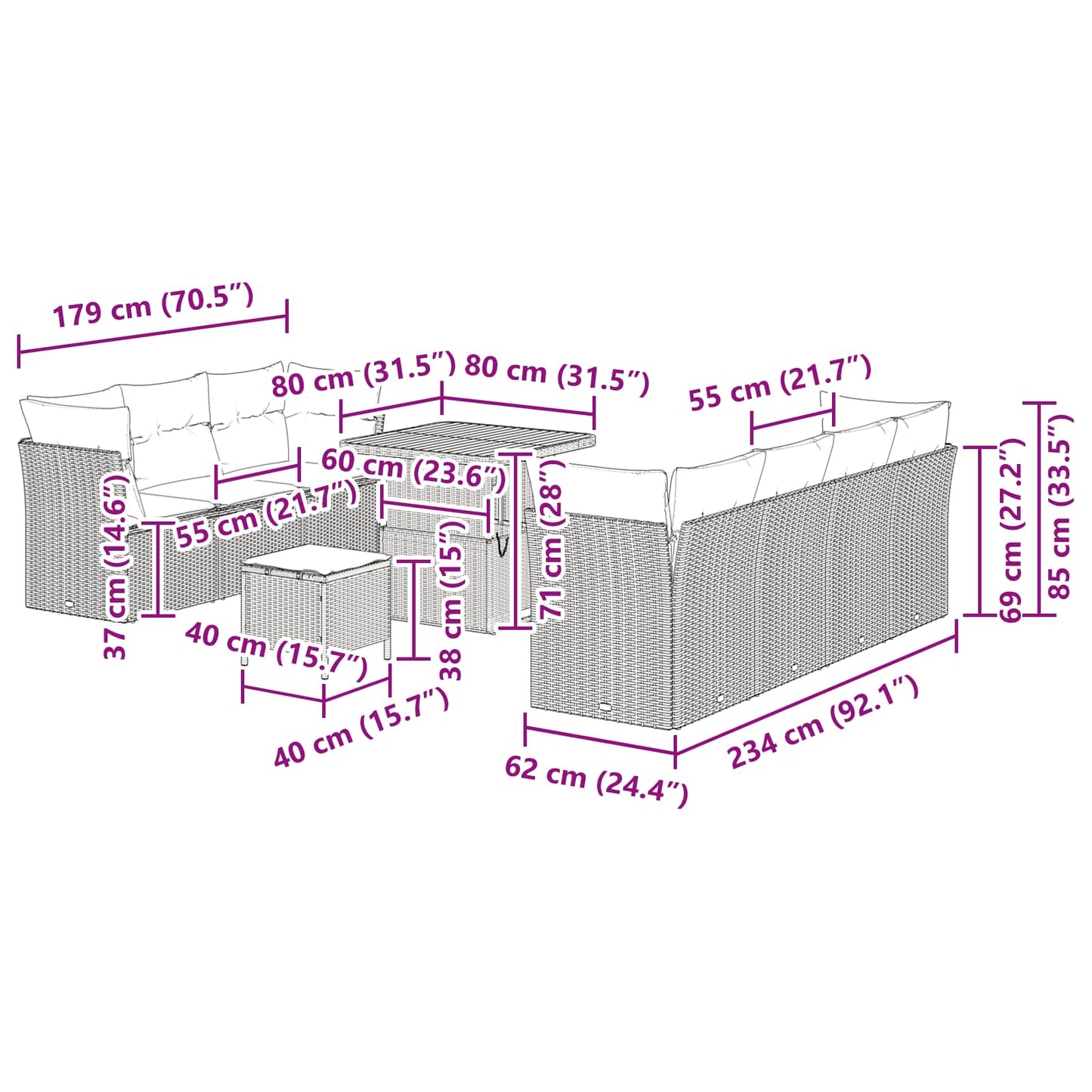 vidaXL Conjunto de Sofá de Jardim 10 pcs Preto vime PE