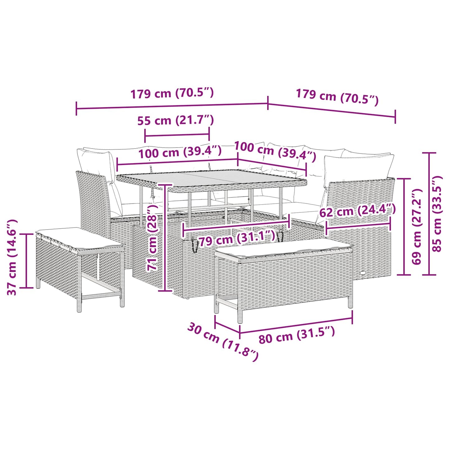 vidaXL Conjunto de Sofá de Jardim 8 pcs Preto vime PE