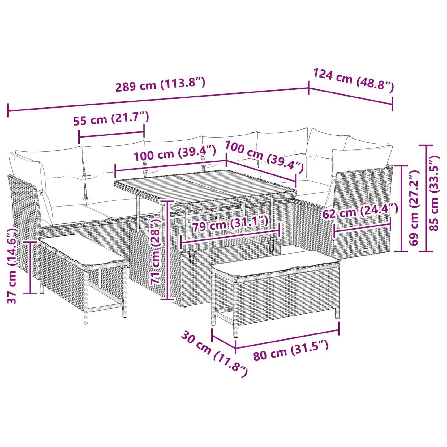 vidaXL Conjunto de Sofá de Jardim 9 pcs Preto vime PE