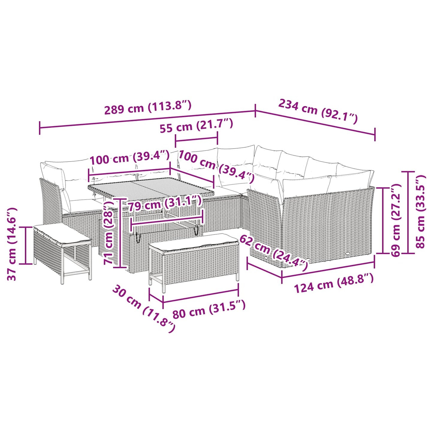 vidaXL Conjunto de Sofá de Jardim 12 pcs Preto vime PE