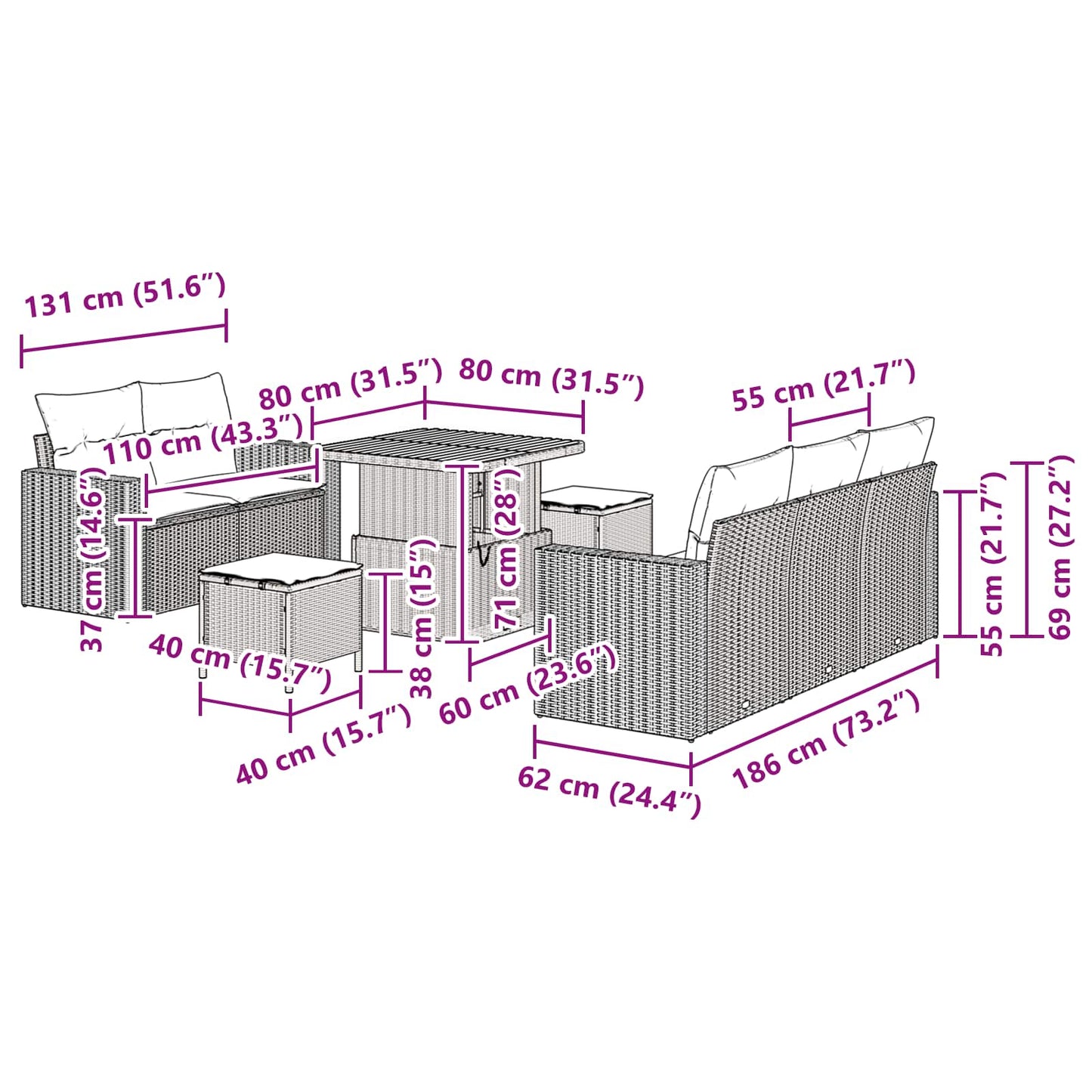 vidaXL Conjunto de Sofá de Jardim com almofada 8 pcs Preto vime PE
