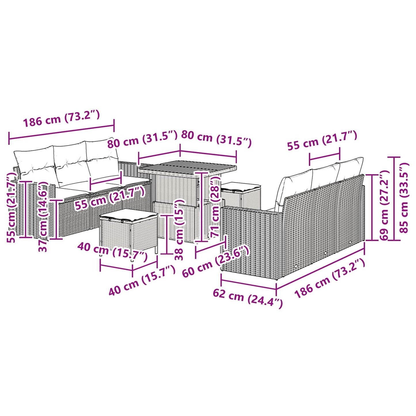 vidaXL Conjunto de Sofá de Jardim 9 pcs Preto vime PE