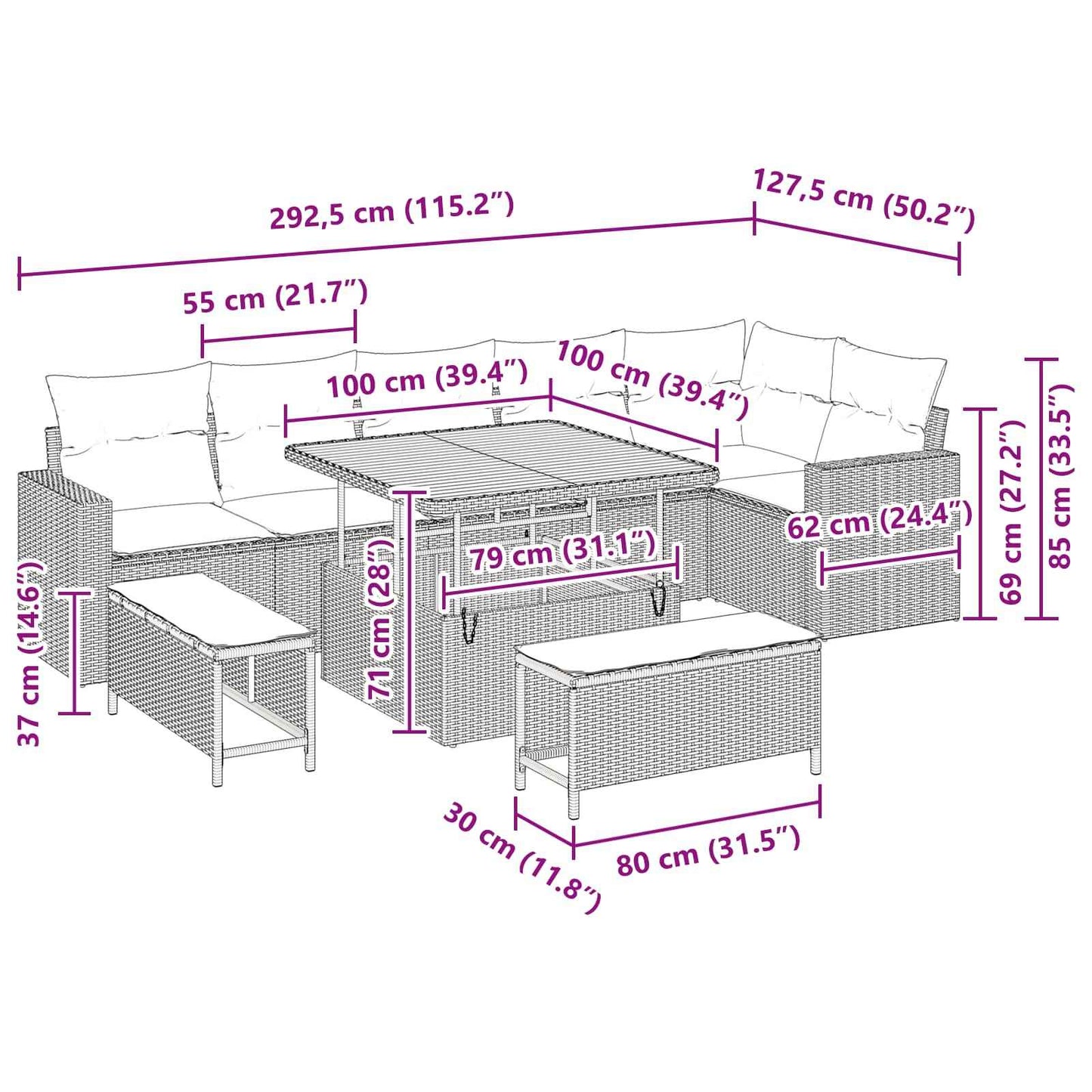 vidaXL Conjunto de Sofá de Jardim 9 pcs Preto vime PE
