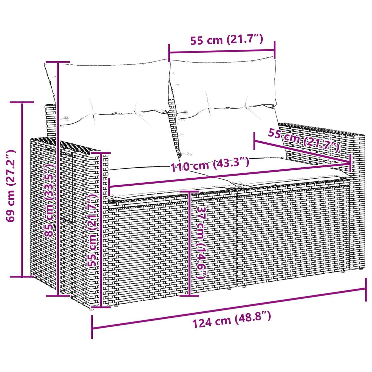 vidaXL Conjunto de Sofá de Jardim com almofada 8 pcs Preto vime PE