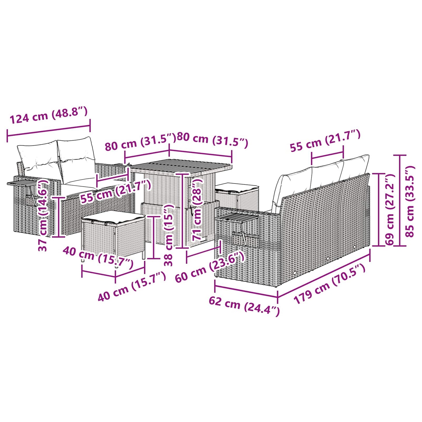 vidaXL Conjunto de Sofá de Jardim com almofada 8 pcs Preto vime PE