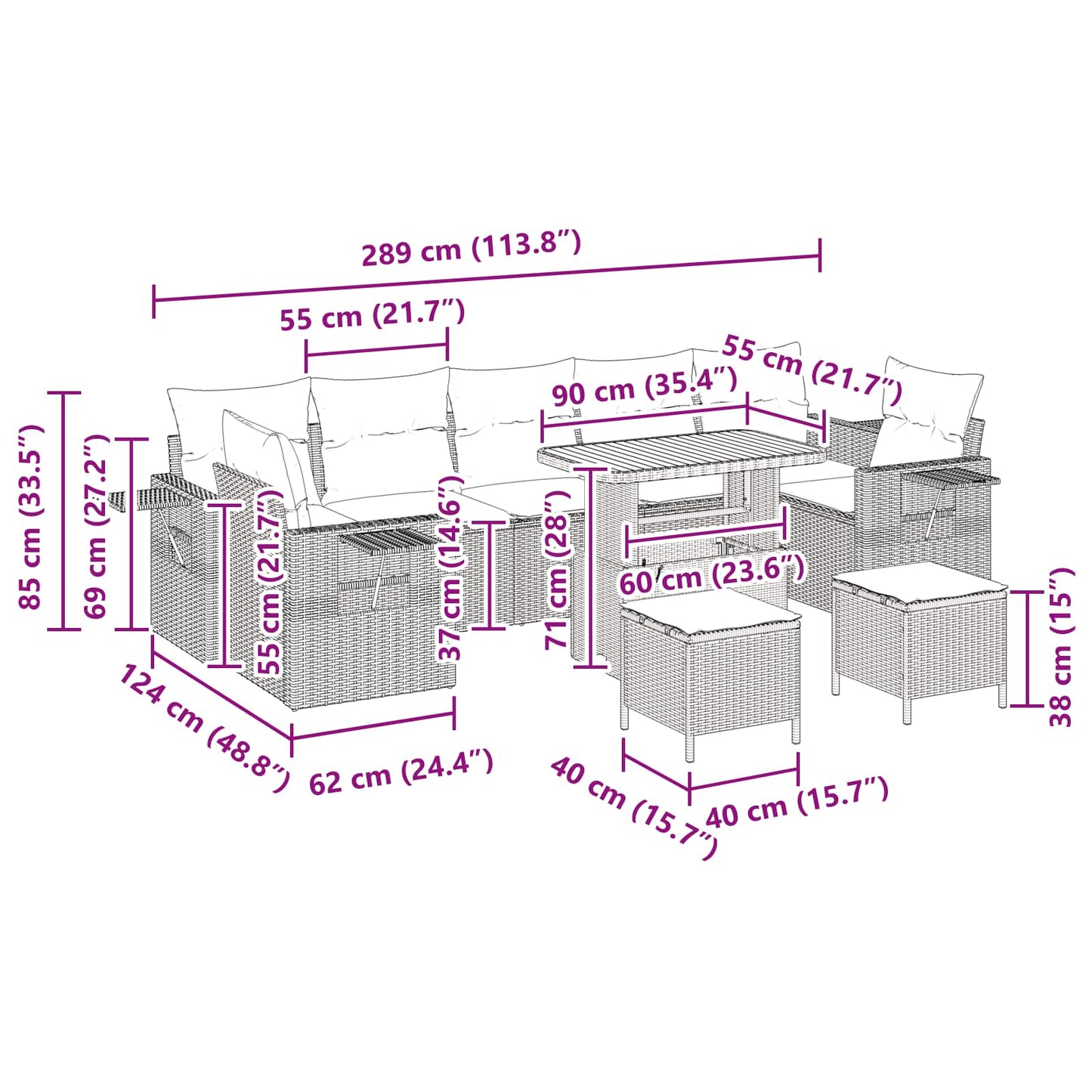 vidaXL Conjunto de Sofá de Jardim 10 pcs Preto vime PE