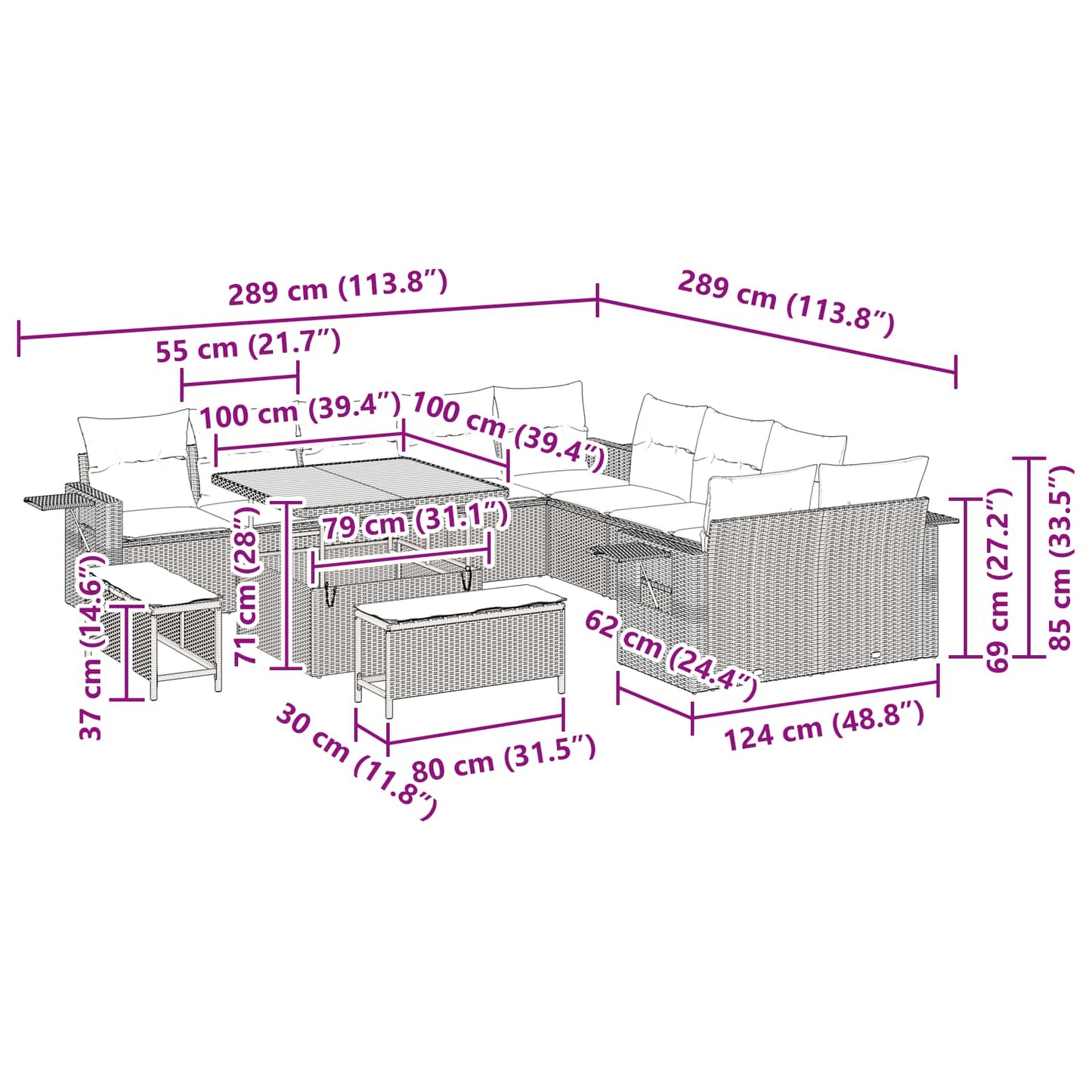 vidaXL Conjunto de Sofá de Jardim 13 pcs Preto vime PE