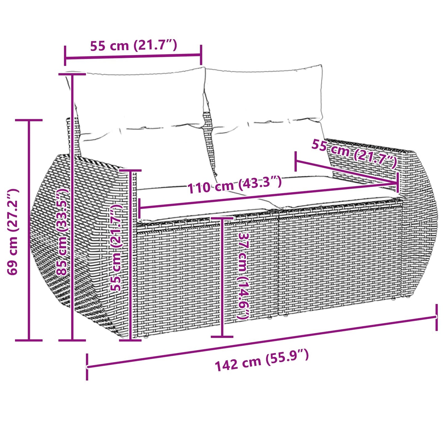 vidaXL Conjunto de Sofá de Jardim com almofada 9 pcs Preto vime PE