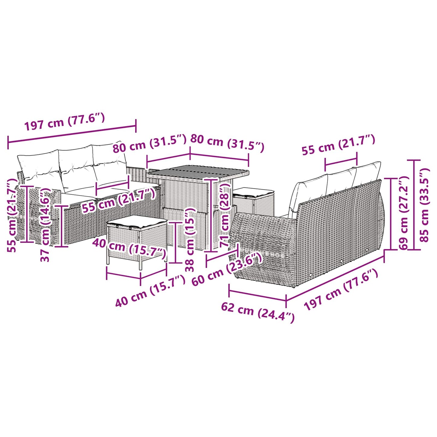 vidaXL Conjunto de Sofá de Jardim com almofada 9 pcs Preto vime PE