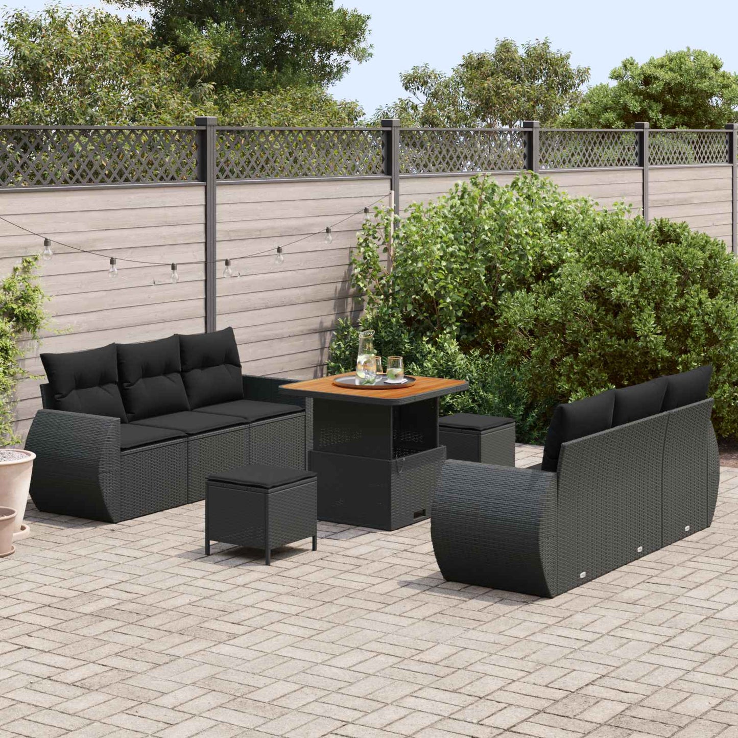 vidaXL Conjunto de Sofá de Jardim com almofada 9 pcs Preto vime PE