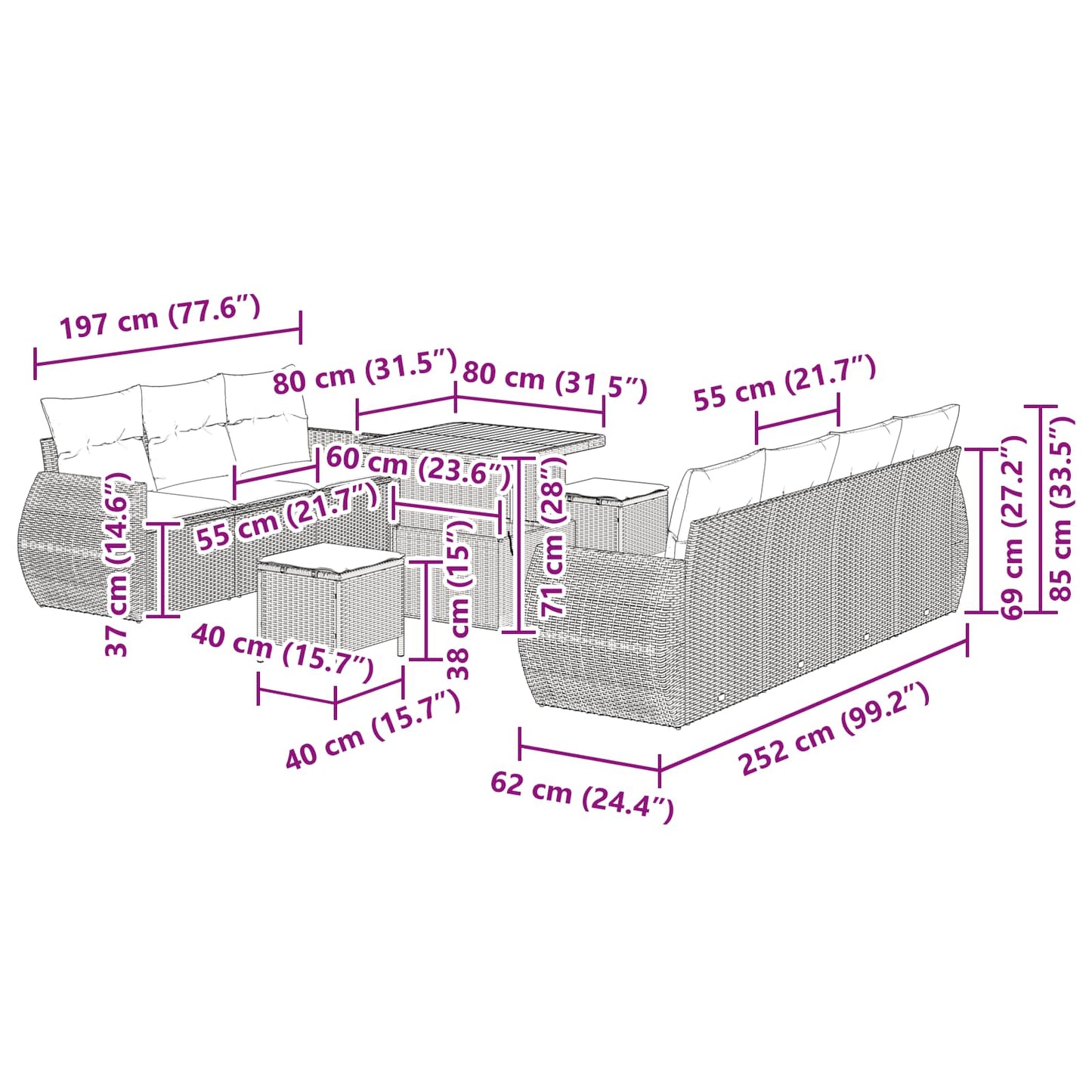 vidaXL Conjunto de Sofá de Jardim com almofada 10 pcs Preto vime PE
