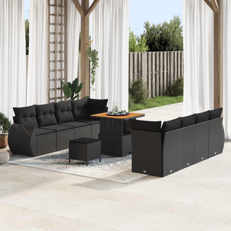 vidaXL Conjunto de Sofá de Jardim com almofada 11 pcs Preto vime PE