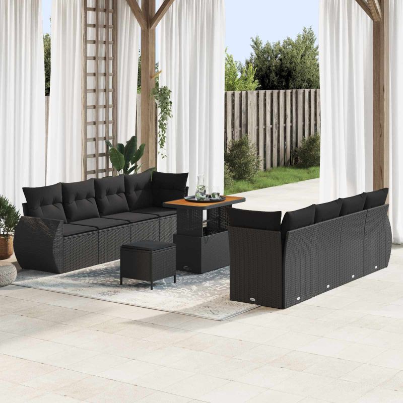 vidaXL Conjunto de Sofá de Jardim com almofada 11 pcs Preto vime PE