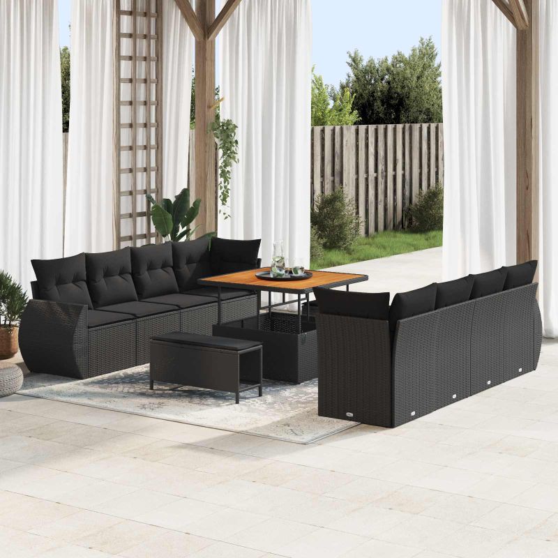 vidaXL Conjunto de Sofá de Jardim com almofada 11 pcs Preto vime PE