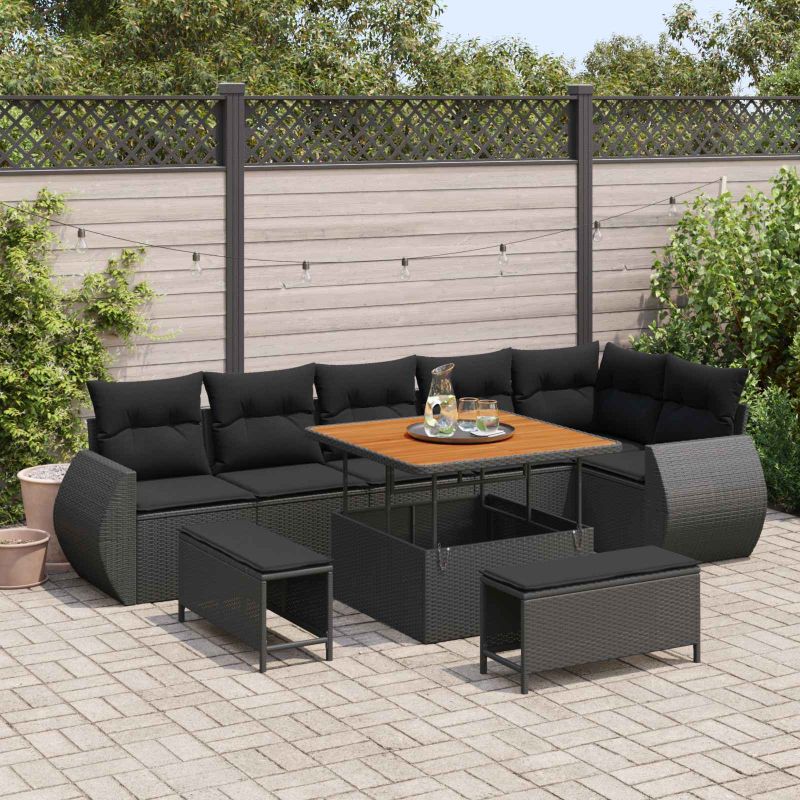 vidaXL Conjunto de Sofá de Jardim 9 pcs Preto vime PE