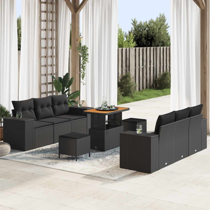 vidaXL Conjunto de Sofá de Jardim 9 pcs Preto Rattan Sintético