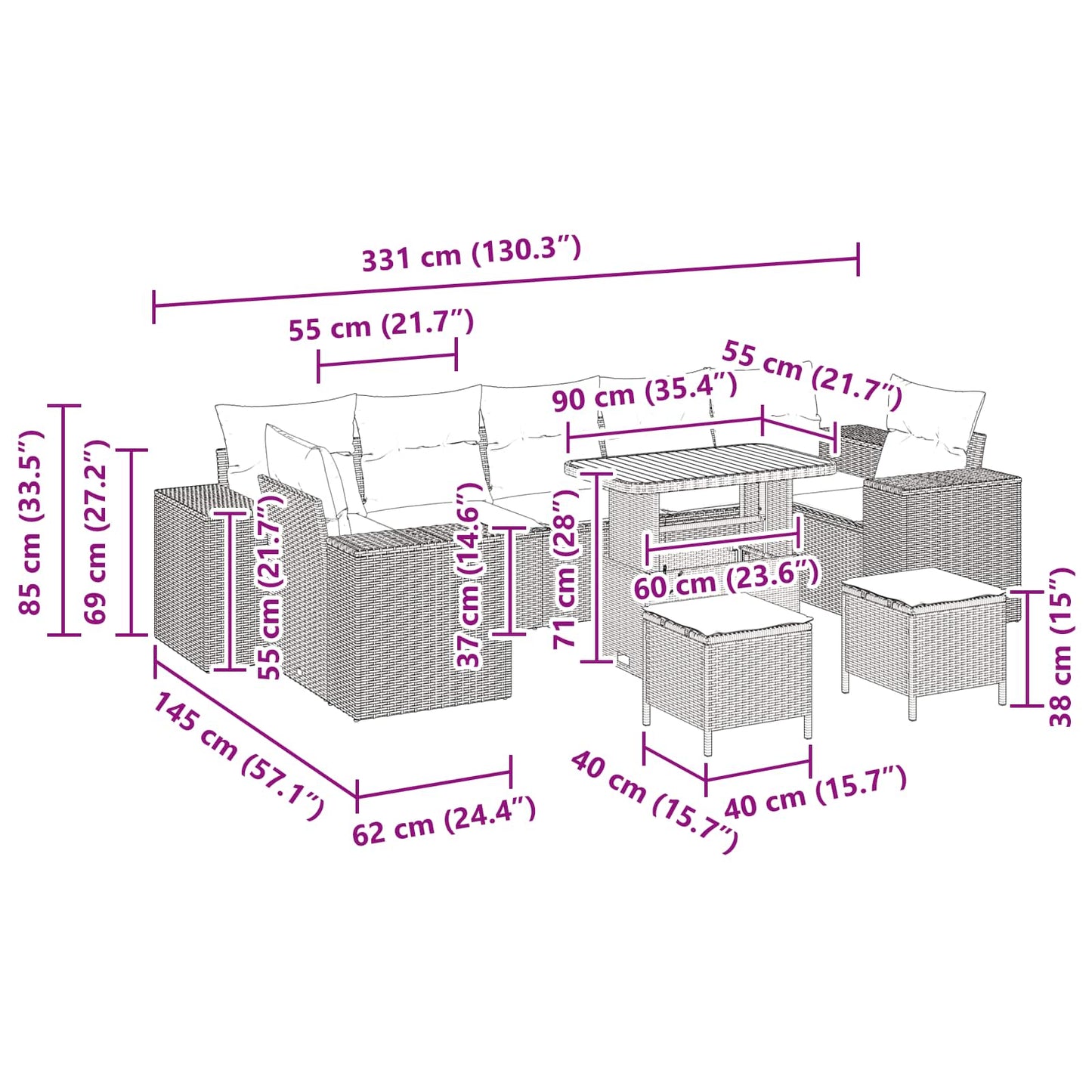 vidaXL Conjunto de Sofá de Jardim 10 pcs Preto vime PE